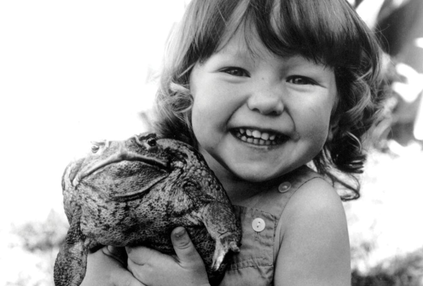 A young girl holding a cane toad close to her face and laughing